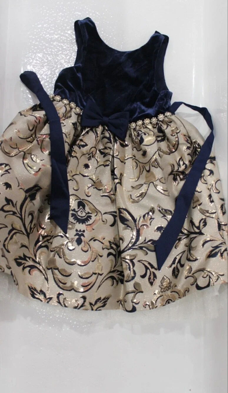 American Princess Navy Velvet & Cream Floral Brocade Dress with Bow